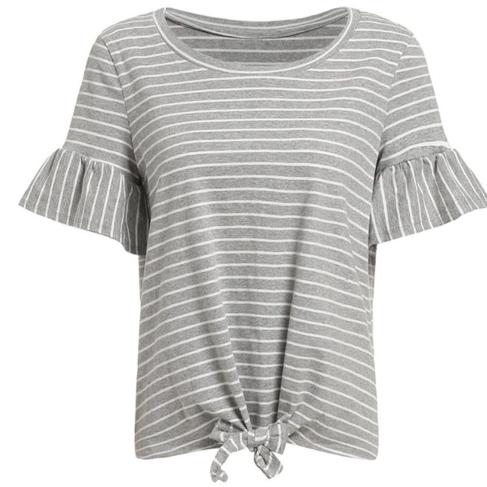 Women's Short Sleeve Tie Front Knot Striped Top in Gray/White